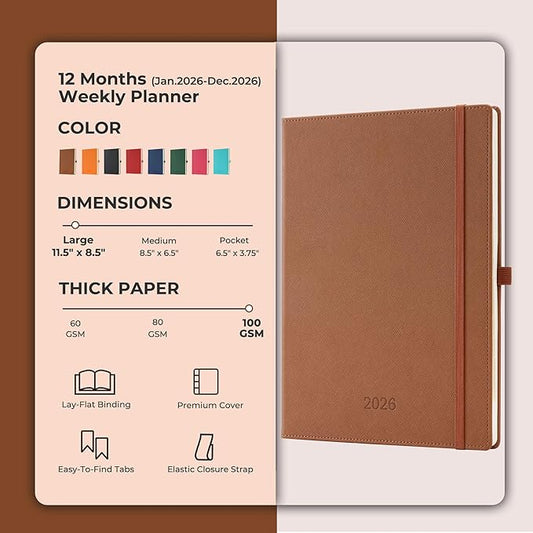 Weekly Monthly 2026 Planner (Jan.26-Dec.26),11.5"x8.5",12 Months Agenda Plan with Month Tabs & Pocket,Expenses/Note Pages, Appointment Book Calendar with Hardcover Vegan Leather Cover,Brown