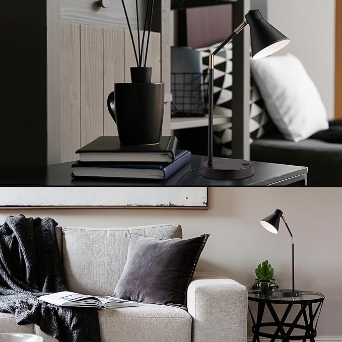 O'Bright Astrum - LED Desk Lamp with Dual USB Charging Ports, 100% Metal, 270 Degree Swivel Arms, Soft White Light (3000K), Bedside & Home Office Table Lamp, ETL Listed, Black