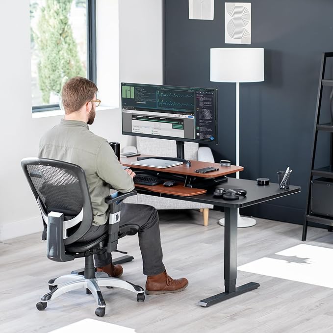 VIVO 42 inch Desk Converter, K Series, Height Adjustable Sit to Stand Riser, Dual Monitor and Laptop Workstation with Wide Keyboard Tray, Dark Walnut Top, Black Frame, DESK-V042KA