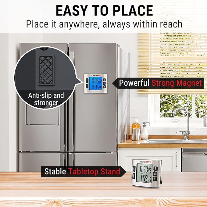 ThermoPro TM02 Digital Kitchen Timer - Dual Countdown Function with Magnetic Backing, Adjustable Alarm & Backlit LCD Display, Ideal for Cooking, Baking and as 24-Hour Shower Clock for Kids