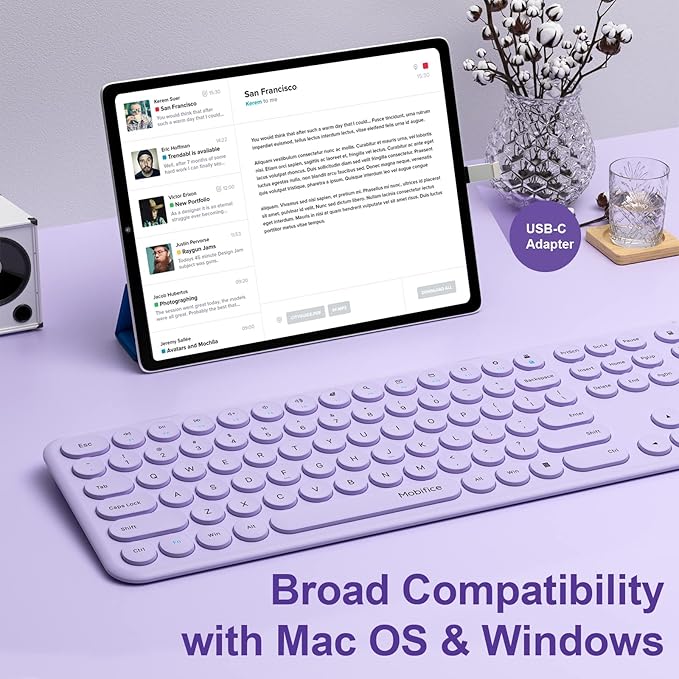 Cute Keyboard and Mouse Wireless for PC Computer/Laptop/Windows/Mac/Tablets, Ultra-Thin 2.4GHz USB Cordless Full-Sized Silent Retro Computer Keyboard Mouse Combo (Purple)