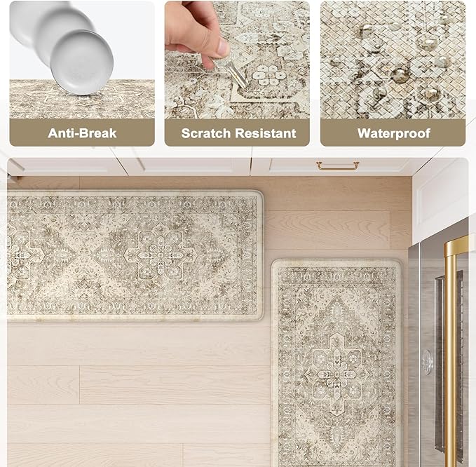 KIMODE Anti Fatigue Kitchen Mat, Cushioned Boho Oriental Kitchen Runner, Non Slip Waterproof Kitchen Mat for Floor, Comfort Foam Standing Desk Mat for Laundry, Office, Sink Khaki 17.3"x59"
