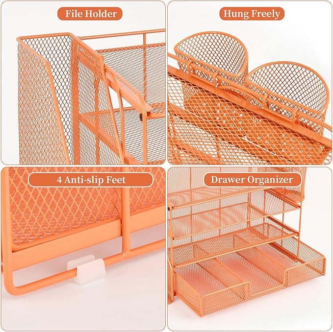 gianotter Paper Letter Tray Organizer with File Holder, 4-Tier Desk Accessories & Workspace Desk Organizers with Drawer and 2 Pen Holder for Office Supplies (Orange)
