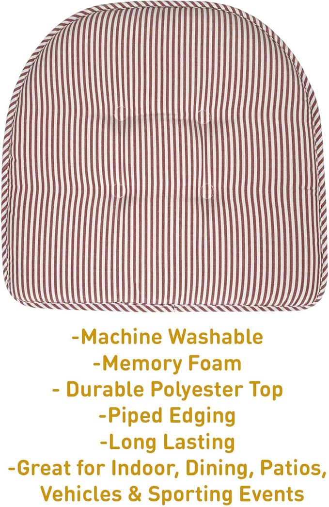 Sweet Home Collection Chair Cushion Memory Foam Pads Tufted Slip Non Skid Rubber Back U-Shaped 17" x 16" Seat Cover, 6 Pack, Pinstripe Burgundy, (Pack of 2)
