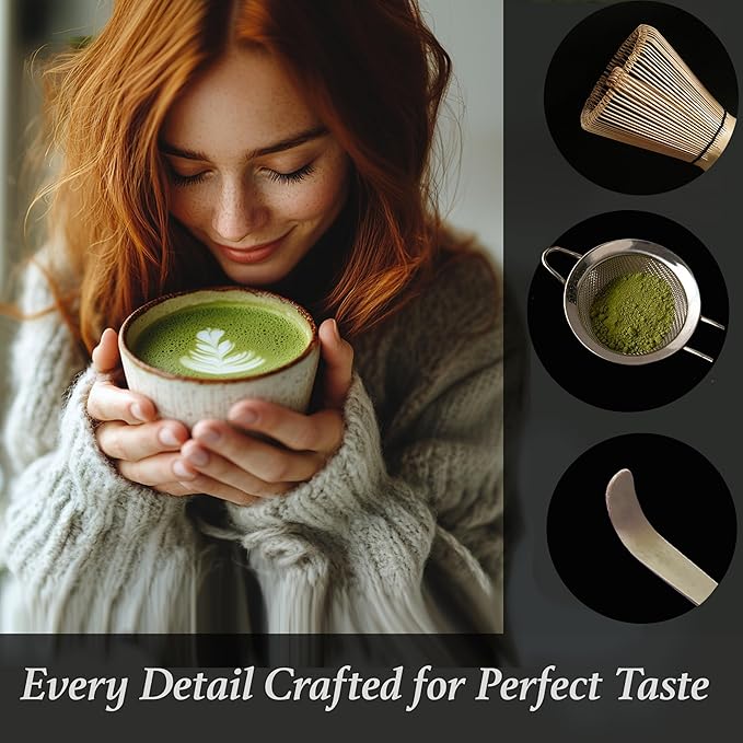 Green Matcha Whisk Set – 7 Pcs Japanese Matcha Kit, Bowl (Chawan) with Spout, Bamboo Whisk (Chasen) & Holder, Scoop (Chashaku), Sifter, Tea Towel – Perfect for Matcha Lovers & Tea Ceremony