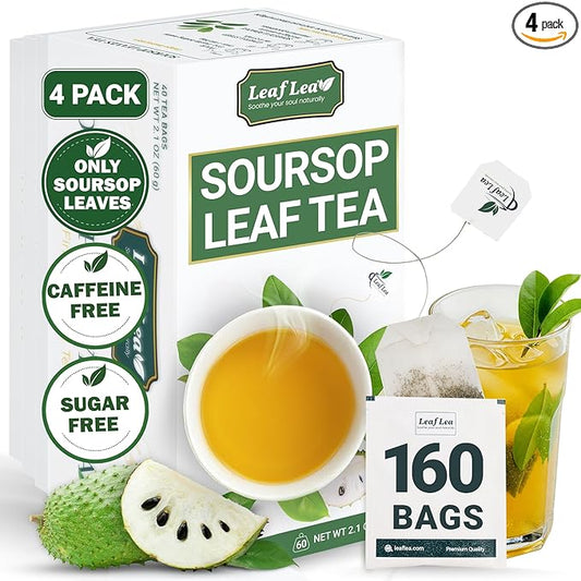 LeafLea 160 Premium Soursop Tea Bags, Natural & Pure Sour sop Graviola Tea Leave, Hoja Guanabana Leaf Herbal Tea Bags Variety Pack of 4, Digestive Support, Nutrient-Rich, Vegan, Sugar/Caffeine Free