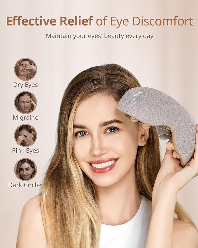 Eye Massager with 2 Level Heat & Cool, 150 Mins Uses, 3 Modes & 14 Vibration Heads, Heated Eye Mask with Bluetooth Music for Migraine, Eye Strain Puffiness and Dry Eye Relief, Relaxation for Women Men