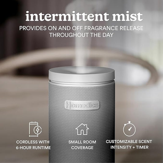 Homedics SereneScent Mini Fabric Rechargeable Waterless Diffuser, Cordless Aromatherapy Device, Use with SereneScent Oil 15ml (Sold Separately), Adjustable Mist Intensity & Ambient Light, Gray