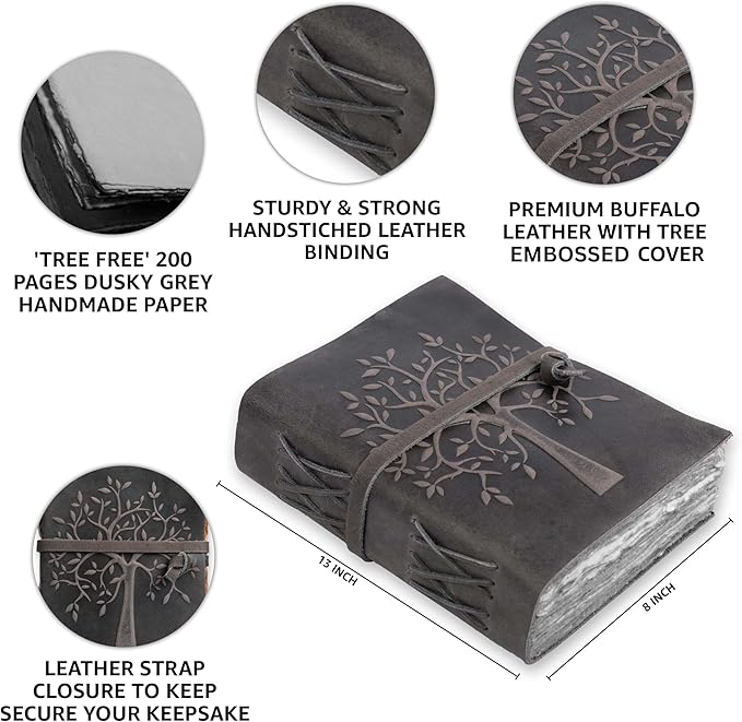 LEATHER VILLAGE Tree of Life Journal - 13 X 8 inches - Rustic Black - 200 Antique Deckle Edge Handmade Paper – Book of Shadows - Vintage Leather Bound Journal for Women & Men