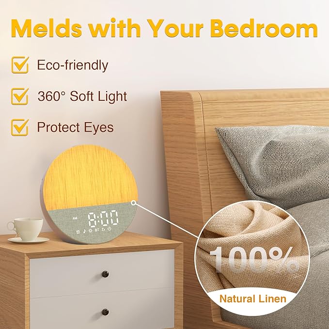 Sunrise Alarm Clock for Morning Wake-up: Gentle Gradual Wake Up Light for Heavy Sleepers Relieve Stress - Linen-Wrapped for Bedroom - 30 Sleep Sounds White Noise Machine with Memory & Bluetooth
