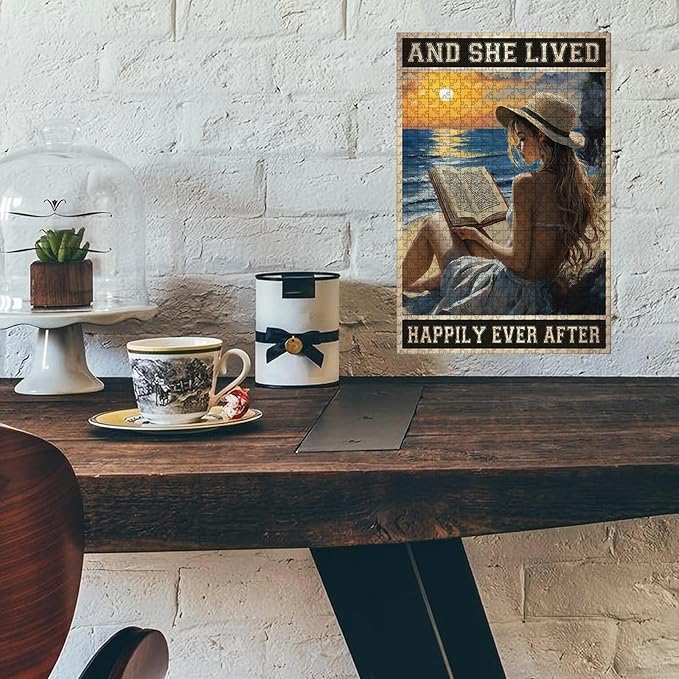 500 Piece Wooden Jigsaw Puzzle and She Lived Happily Ever After Girl Reading Book Adults & Kids Time Killing Challenge Stress Relief Quiet Play for Rainy Days Long Car Rides 20.4x15 Inch