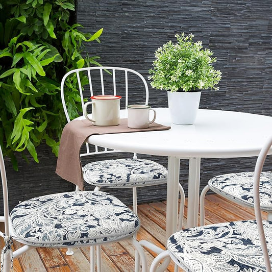 Indoor/Outdoor Chair Cushions 16x17 Inch, Patio Chair Cushions with Ties, All Weather Seat Cushions for Patio Furniture Home Garden Chair Use, Set of 2,Damask Lapis