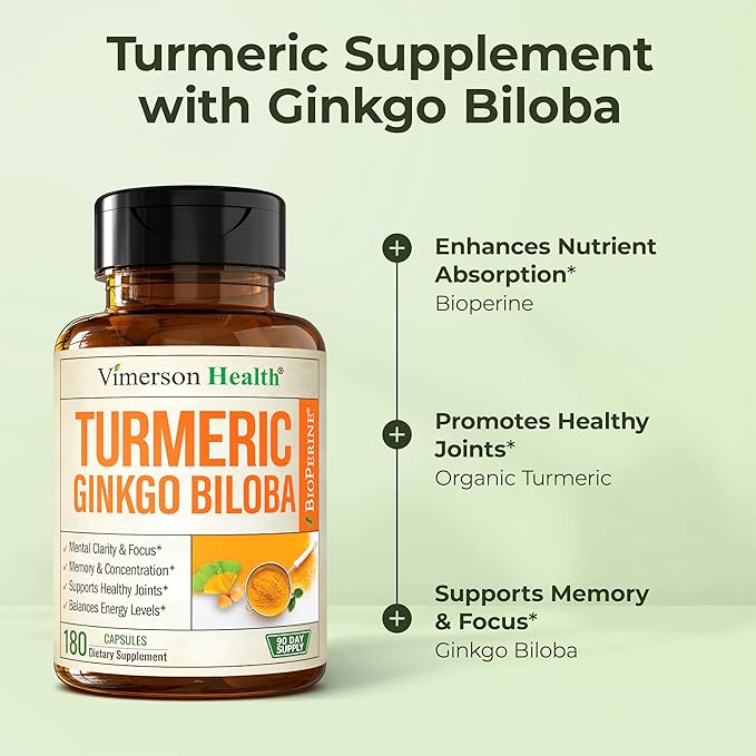 Ginkgo Biloba and Turmeric Curcumin Supplement with Black Pepper & Organic Tumeric – Natural Turmeric Supplement for Focus, Memory, Joint & Brain Health – 180 Vegan Ginko Biloba Capsules with Curcuma