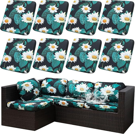 8Pcs Stretch Patio Cushion Covers Waterproof Outdoor Cushion Covers Patio Couch Cover Slipcovers, for Outdoor Furniture Protector Covers Replacement(Cover Only) (Magritte)