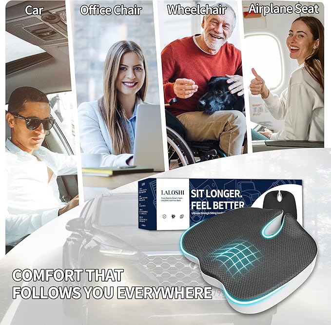 Car Seat Cushion,U-Shaped Memory Foam Seat Cushion for Back Pain Relief - 2.8In Thick Ergonomic Car & Office Chair Pad with Coccyx Cutout, Removable Cover,Universal Fit, Easy to Install(Black)