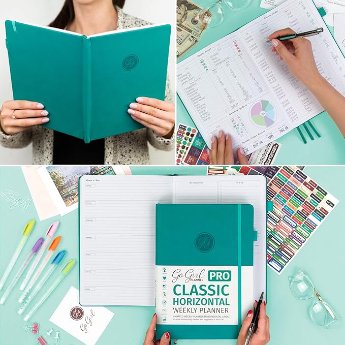 GoGirl Planner PRO - Undated Horizontal Layout Weekly Planner and Organizer + Budgeting and Expense Tracking Pages, Goals Journal & Agenda, 7" x 10" Hardcover, Lasts 1 Year - Turquoise