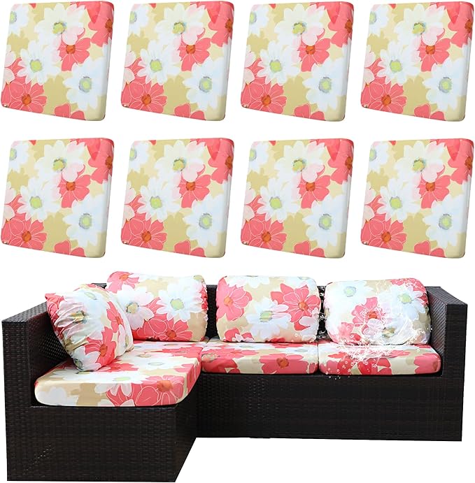 8Pcs Outdoor Cushions Covers Waterproof, Patio Cushion Covers, Stretch Cushion Covers Replacement,Cushion Slipcovers, Furniture Cushion Covers (Sakura, 8PCS-Print)