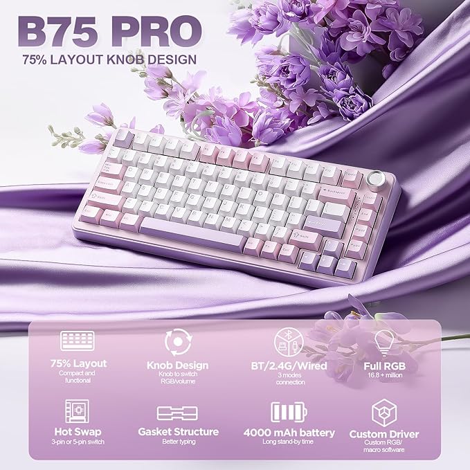 YUNZII B75 PRO Wireless Mechanical Keyboard,75% Layout with Knob,Hot Swap Gasket Custom Structure,Creamy Pre-lubed Switches,RGB Backlit,Bluetooth/Type-C/2.4G for Win/Mac(Cocoa Cream V2 Switch,Purple)