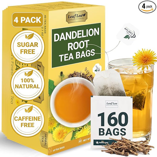 LeafLea Dandelion Root Tea Bags, 160 Dandelion Tea Bags Promotes Healthy Digestion & Immune Function, Herbal Tea from Pure Roasted Dandelion Root, Caffeine-Free, Vegan, Gluten-Free, No Sugar, 4 Pack
