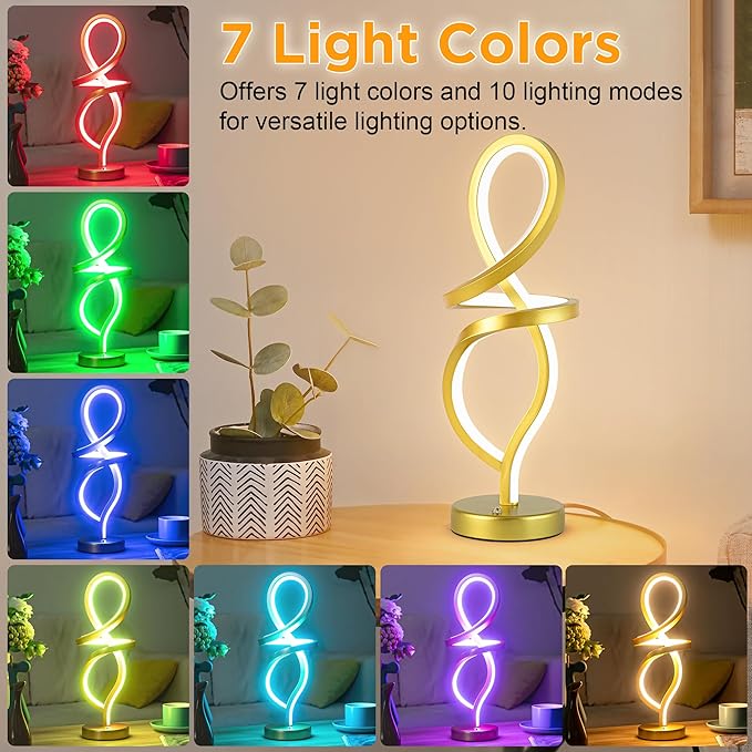 Mayful Modern RGB Table Lamp with LED Spiral Design, Gold Bedside Lamp & Nightstand Lamp, Touch Dimmable with 7 Colors & 10 Modes for Bedroom, Living Room, Home Office, 15W