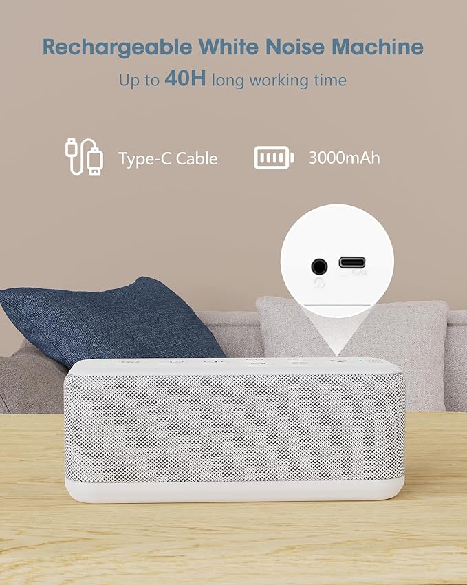White Noise Sound Machine with Bluetooth,3000mAh Battery Powered,40H Long Lasting,Hi-Fi Audio,30/60/120m Timer,Wireless Portable Sleep Sound Machine for Adults/Baby,Type-C Rechargeable,Headphone Jack