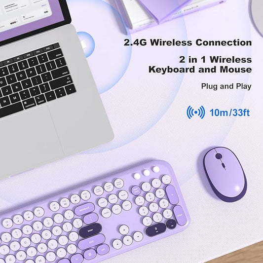 Wireless Keyboard and Mouse Combo, MOWUX Full Size Typewriter Retro Round Computer Keyboard, Cute Optical Mouse Wireless, Plug and Play, for Laptop, PC, Computer- Violet Field