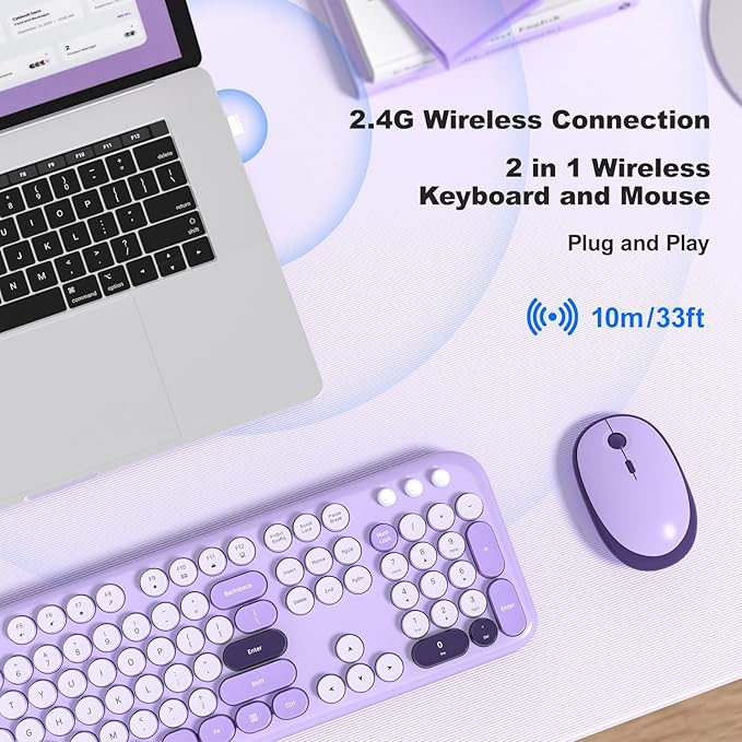 KNOWSQT Wireless Keyboard and Mouse Combo - Lovely Violet Rainbow Full-Sized Typewriter Colorful Keyboards, Round Keycap USB Plug Play Retro Cute Keyboards for Windows, Laptop, PC, Desktop, Computer