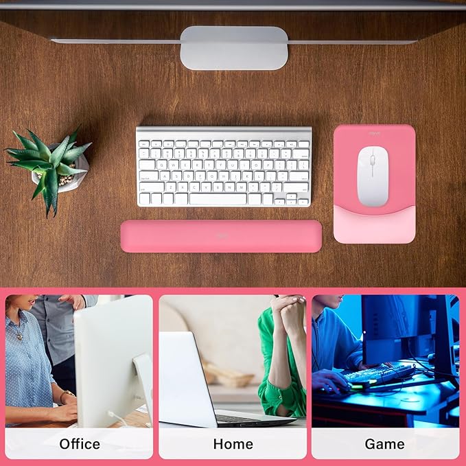 MOSISO Wrist Rest Support for Mouse Pad&Keyboard Set, Rectangular Ergonomic Mousepad Non-Slip Base Home/Office Pain Relief&Easy Typing Pad with Neoprene Cloth&Raised Curved Memory Foam, Melon Pink