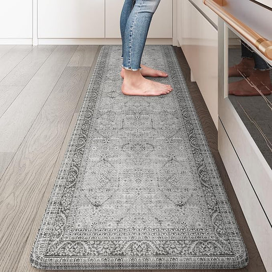 KIMODE Anti Fatigue Kitchen Mat, Cushioned Farmhouse Kitchen Runner Rug, Non Slip Waterproof Kitchen Mat for Floor, Comfort Foam Standing Desk Mat for Laundry, Office, Sink Grey 17.3"x59"