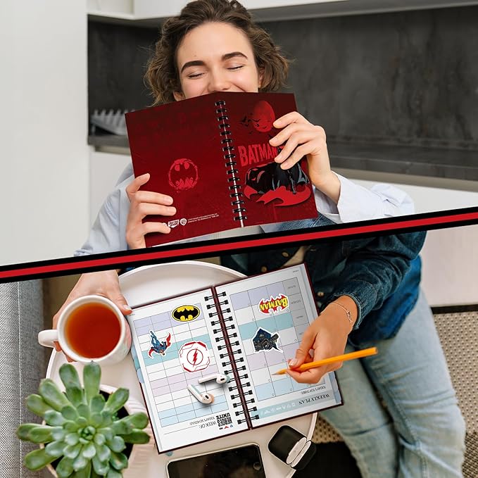 Hardcover Spiral Notebook Journal with 12 Dividers Tabs Weekly&Monthly Planner Productivity Journal Superhero Theme Leather Organizer for Work School Adults Teens and Professionals (BATM-RED)