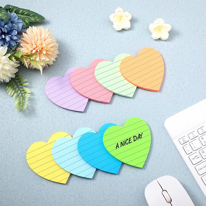 Teling 24 Pcs Heart Shape Lined Sticky Notes Cute Sticky Notes Bright Colorful Sticking Power Memo Pads Red Heart Self Notepads for Office School 3x3 Inch(Light Colors)