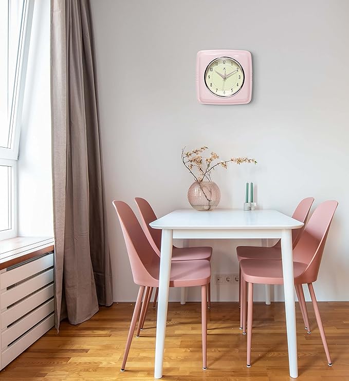 Infinity Instruments Square Silent Retro 9 inch Mid Century Modern Kitchen Diner Retro Wall Clock Quartz Sweep Movement (Pink)