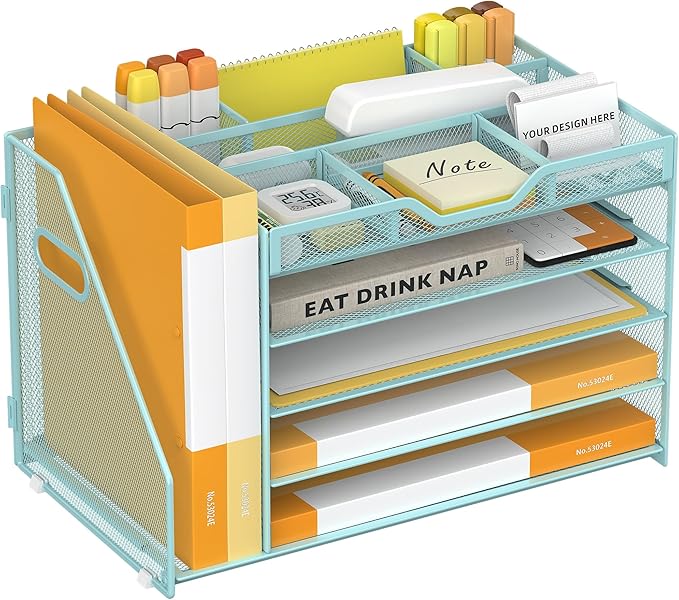 5 Tier Paper Letter Tray with File Holder and 3 Drop-in Pen Holders, Mesh Desk File Organizer with Handle, Desk Organizers and Accessories for School,Home, Office Supplies Storage-Blue