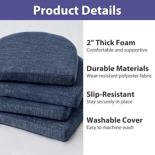 Chair Cushions for Dining Chairs with Ties and Removable Cover, Dining Kitchen Chair Pads with Non-Slip Bottom, High-Resilience Indoor Seat Cushions, 16'' x 16'' x 2'', Set of 6, Navy