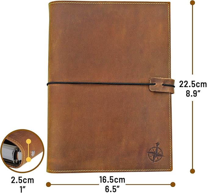 Wanderings A5 Leather Binder Journal – Handcrafted 6 Ring Organizer with Pockets – Leather Planner with Planner Inserts – 52 Week Undated Calendar | A5 6 Ring Binder Filofax Compatible – 6” x 8.5”