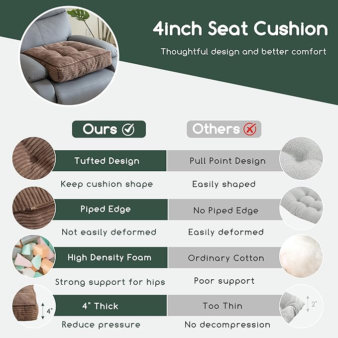HIGOGOGO Tufted Corduroy Recliner Seat Cushion for Elderly, High Density Foam Large Square Seat Cushion for Recliner Chair, Floor Pillow, Office Chair, Car, No Pressure on Thighs, 20x20x4