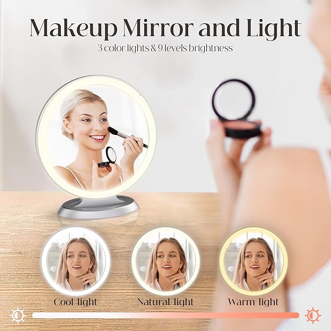 Round Mirror Lighted Digital Alarm Clock, Mirror Surface for Makeup, Large Display, Easy Setting, Auto DST, Auto Dimming, USB Port, Modern Decor for Home, Bedroom, Office, Gift for Women, Girl, Silver