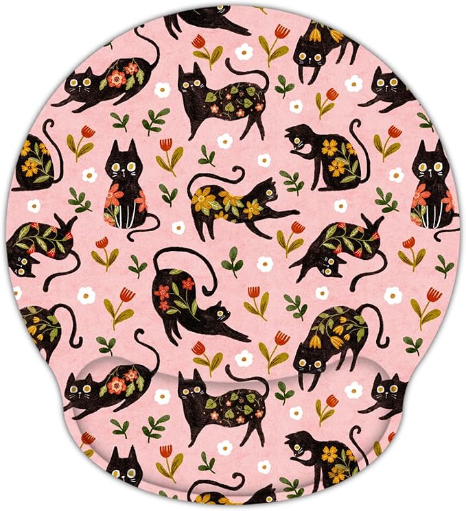 RICHEN Ergonomic Mouse Pad with Wrist Support,Non-Slip Rubber Base for Computer Laptop & Mac,Lightweight Rest for Home,Office & Travel (Flowers Cats)