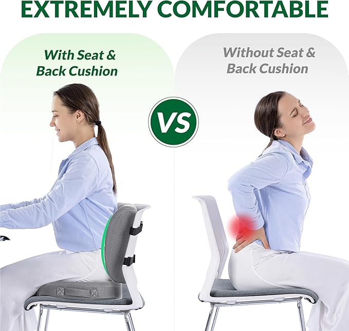 Seat Cushion & Adjustable Lumbar Support Pillow Set, Charcoal Memory Foam Back & Tailbone Pain Relief, Non-Slip & Washable Cover, for Office Chair, Car Seat, Wheelchair - Grey