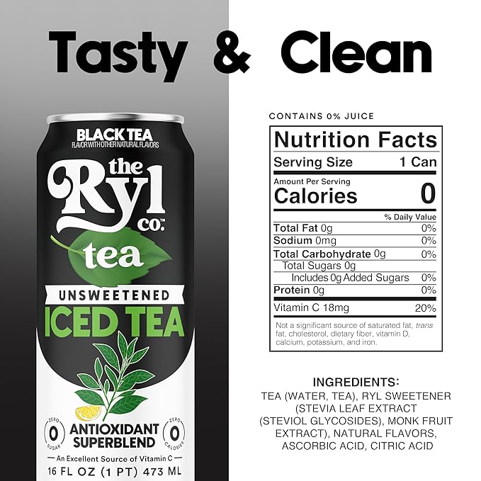 Ryl Unsweetened Black Iced Tea – Antioxidant Superblend, No Artificial Ingredients, Zero Sugar, Zero Calorie, Low Carb, Non-GMO, Kosher, Gluten Free, Made in the USA, 12-Pack, 16 Fl Oz