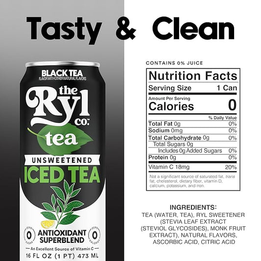 Ryl Unsweetened Black Iced Tea – Antioxidant Superblend, No Artificial Ingredients, Zero Sugar, Zero Calorie, Low Carb, Non-GMO, Kosher, Gluten Free, Made in the USA, 12-Pack, 16 Fl Oz