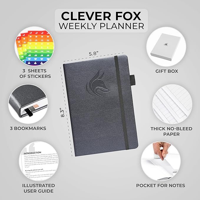 Clever Fox Planner – Undated Weekly & Monthly Planner for Productivity, Time Management & Goals – Organizer Journal – A5 (Silver Black)