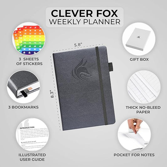 Clever Fox Planner – Undated Weekly & Monthly Planner for Productivity, Time Management & Goals – Organizer Journal – A5 (Silver Black)