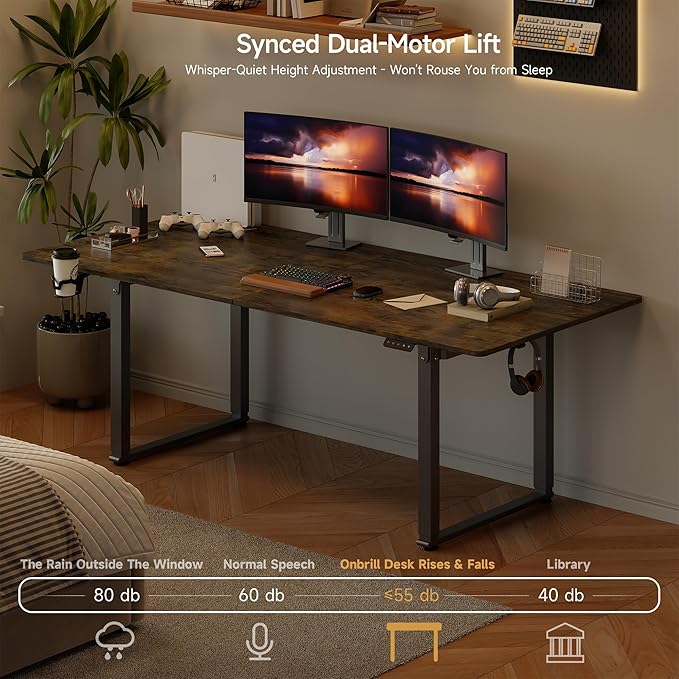 71x32 Inch Adjustable Standing Desk with 4 Legs, Stand-up Desk Features a Rectangular Top, Dual-Motor Lift, and Memory Presets (28-46Inch) for Home Offices or Computer Workstations, Rustic Brown