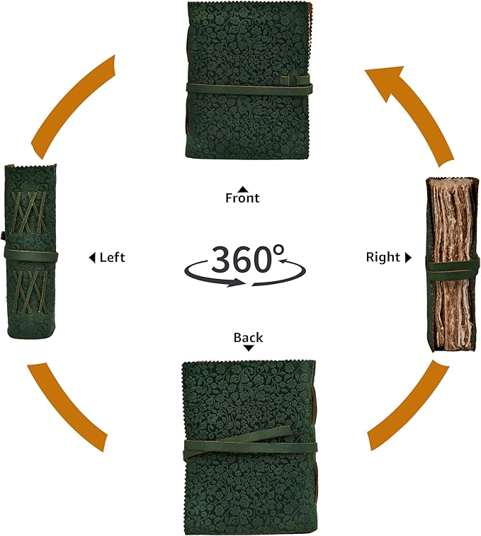 LEATHER VILLAGE Leather Bound Floral Embossed Journal for Women Men - 200 Pages, 6”X4”(A6), Green - Book of Shadows, Vintage Blank Paper Travel Diary, Notebook for Writing, Drawing, Sketchbook