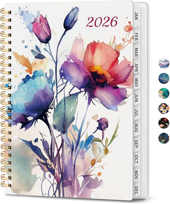 2026 Planner, Monthly and Weekly Calendar Planner for Women, January 2026 - December 2026, Hardcover Pretty 2026 Agenda Planner Book with Tabs, Spiral Bound, Perfect for School Office Home Supplies, 6.3" x 8.5" - Painted Bloom