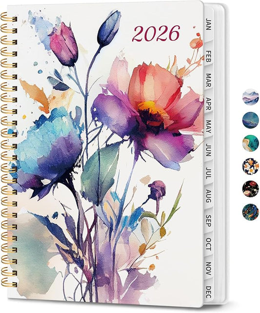 2026 Planner, Monthly and Weekly Calendar Planner for Women, January 2026 - December 2026, Hardcover Pretty 2026 Agenda Planner Book with Tabs, Spiral Bound, Perfect for School Office Home Supplies, 6.3" x 8.5" - Painted Bloom