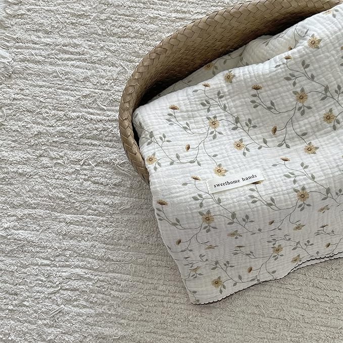 BuLuTu 4 Layers Sunflower Pattern Muslin Kids Blanket for Summer,Cotton Baby Crib Nursery Throw Blanket Cradle Thin Quilt for Boys,Girls,Toddler,Soft,Breathable, Lightweight,47x51 inches