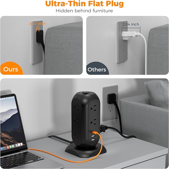 TESSAN Surge Protector Power Strip Tower with 3 USB Ports 11 Outlets, 1875W/15A, Black Extension Cord 6 Feet, 1050J Protection Desktop Charging Station for Office School Dorm Room Essentials