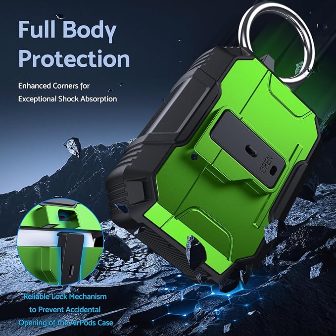 DASFOND Armor Earphone Cover Case for Airpods Pro, Military Grade Full Body Shockproof Protection Hard Case, Support Wireless Charging with Keychain, Magnetic Lid, Front LED Visible, Grass Green